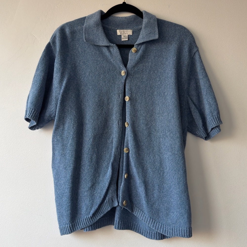 Christopher & Banks Blue Short-Sleeve Button-Up Knit Top